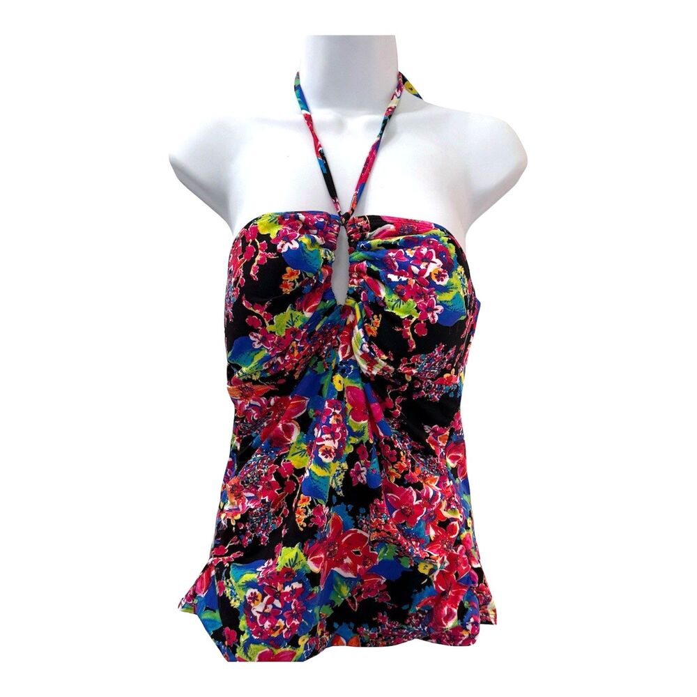 Liz Claiborne Swim Top Tankini Size 10 Pink Floral Keyhole Front Tie Back NWOT
